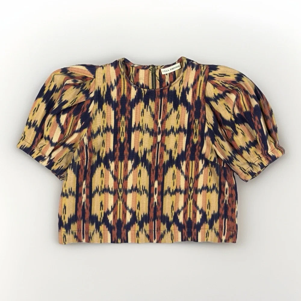 Ulla Johnson Jude Top Size 4 Ikat Print Puff Sleeve Cotton Blouse India